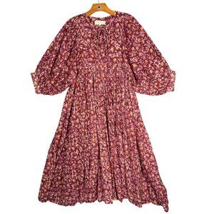 Daughters of India Kyra Dress in Sumac Puff Sleeve Floral Boho Cotton S